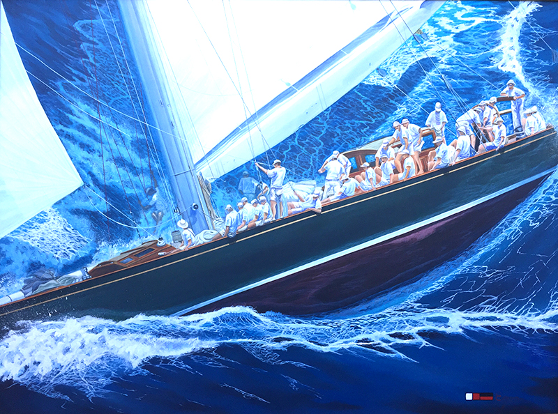 This exciting piece captures the thrill of America's Cup racing. Movement, color and composition blend together brilliantly.